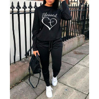 Heart Letter Print Sweatshirt & Drawstring Pocket Design Pants Set - black