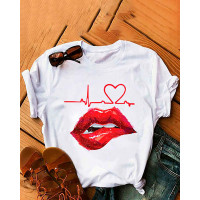 Heart Lip Print Short Sleeve Casual T-shirt - white