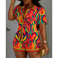 Heart Multi-Color Abstract Print Striped Top & Pocket Design Shorts Set - Multicolor