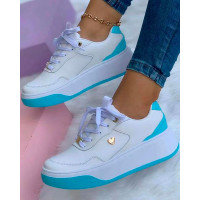 Heart Pattern Contrast Paneled Platform Sneakers - white&blue