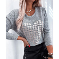 Heart Pattern Houndstooth Print Long Sleeve Top - light gray