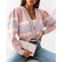 Heart Pattern Long Sleeve Crop Cardigan - pink