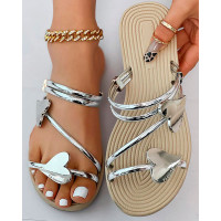 Heart Pattern Multi Strap Beach Slippers - silver