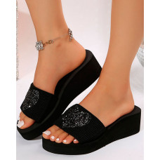 Heart Pattern Platform Wedge Slippers - black