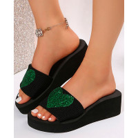 Heart Pattern Platform Wedge Slippers - green