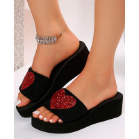 Heart Pattern Platform Wedge Slippers - red