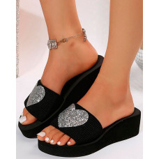 Heart Pattern Platform Wedge Slippers - silver