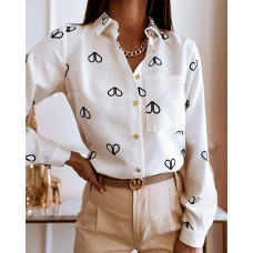 Heart Pattern Print Pocket Design Buttoned Shirt - white