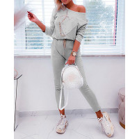 Heart Pattern Sequins Chain Decor Top & Drawstring Pants Set - light gray