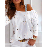 Heart Pattern Sequins Cold Shoulder T-shirt - white