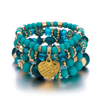 Heart Pattern Stacking Elastic Beaded Multi-layer Bohemian Bracelet - blue