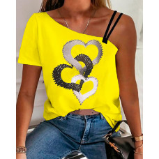 Heart Print Asymmetrical Neck T-shirt - yellow