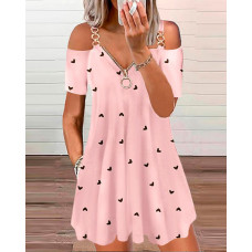 Heart Print Chain Decor Cold Shoulder Swing Dress - pink