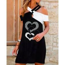 Heart Print Colorblock Rhinestone Cold Shoulder Casual Dress - black