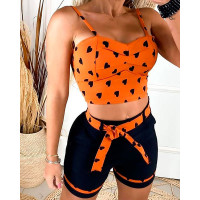 Heart Print Colorblock Spaghetti Strap Top & Shorts Set - orange