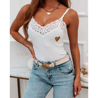 Heart Print Contrast Lace Cami Top - white Heart Print Contrast Lace Cami Top - white