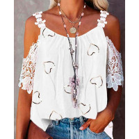 Heart Print Contrast Lace Cold Shoulder Top - white