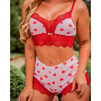 Heart Print Contrast Lace Lingerie Set - red