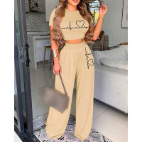 Heart Print Crop Top & Wide Leg Pants Set - Apricot