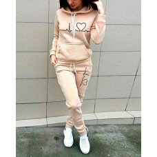 Heart Print Drawstring Hoodie & Sweatpants Set - Apricot