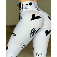 Heart Print Drawstring Scrunch High Waist Leggings - white