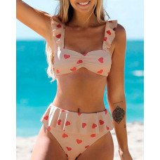 Heart Print Flutter Sleeve Ruffle Hem Bikini Set - light pink