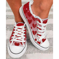 Heart Print Fringe Hem Lace-up Canvas Sneakers - red