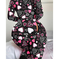 Heart Print Functional Buttoned Flap Sleep Onesie - black