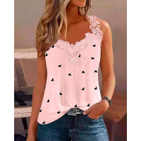 Heart Print Lace Patch Tank Top - pink