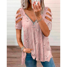 Heart Print Ladder Cutout Zip Front Top - pink