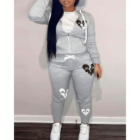 Heart Print Long Sleeve Zip Up Top & Pants Set - gray