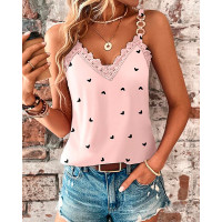 Heart Print Ombre Lace Patch Tank Top - pink