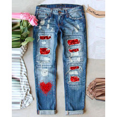 Heart Print Patchwork High Waist Jeans - blue