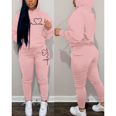 Heart Print Pocket Design Hoodie & Pants Set - pink