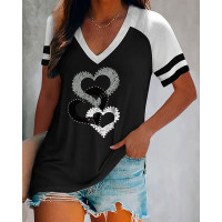 Heart Print Striped Colorblock Short Sleeve T-shirt - black