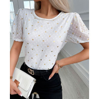 Heart Print Swiss Dot Puff Sleeve Top - white