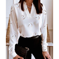 Heart Print V-Neck Long Sleeve Casual Top - white