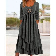 Heart-Ring Decor Layered Ruffle Hem Casual Dress - Dark grey