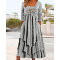 Heart-Ring Decor Layered Ruffle Hem Casual Dress - light gray