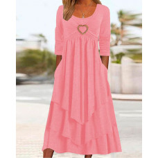 Heart-Ring Decor Layered Ruffle Hem Casual Dress - pink