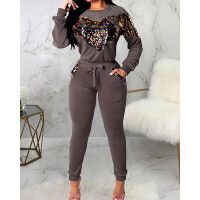 Heart Sequin Patch Drawstring Tracksuit - gray