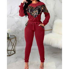 Heart Sequin Patch Drawstring Tracksuit - Wine red