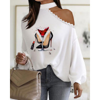 Heels Graphic Print Lace Patch Cold Shoulder Top - white