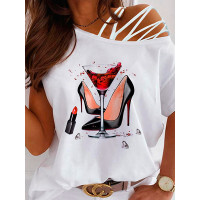 Heels Graphic Print One Shoulder Lace-Up T-shirt - white