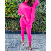 High Neck Batwing Sleeve Top & Skinny Pants Set - hot pink