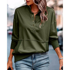 High Neck Buttoned Pocket Design Top - Army green