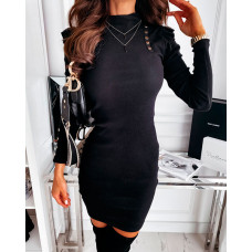 High Neck Flutter Sleeve Knit Dress - black