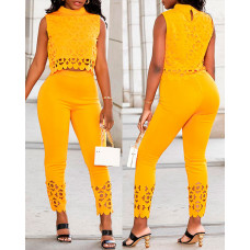 High Neck Lace Hollow Out Top & Pants Set - yellow