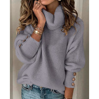 High Neck Lantern Sleeve Buttoned Ribbed Top - lilac grey