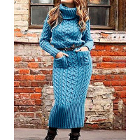 High Neck Long Sleeve Braided Sweater Dress - blue